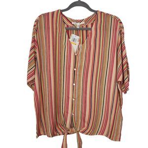 Seven7 Striped Button Down Top NWT Size Small Striped Pink and Green Blouse